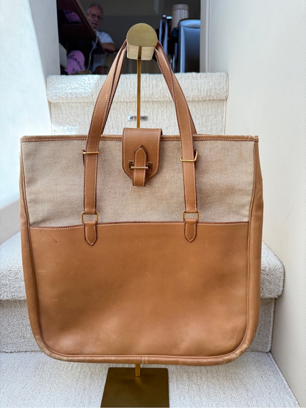 Hermes Tan & Cream Canvas Leather Messenger Tote